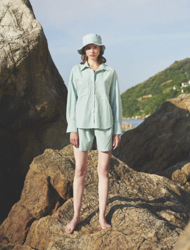 Yeşil Çizgili Gömlek & Şort Takım